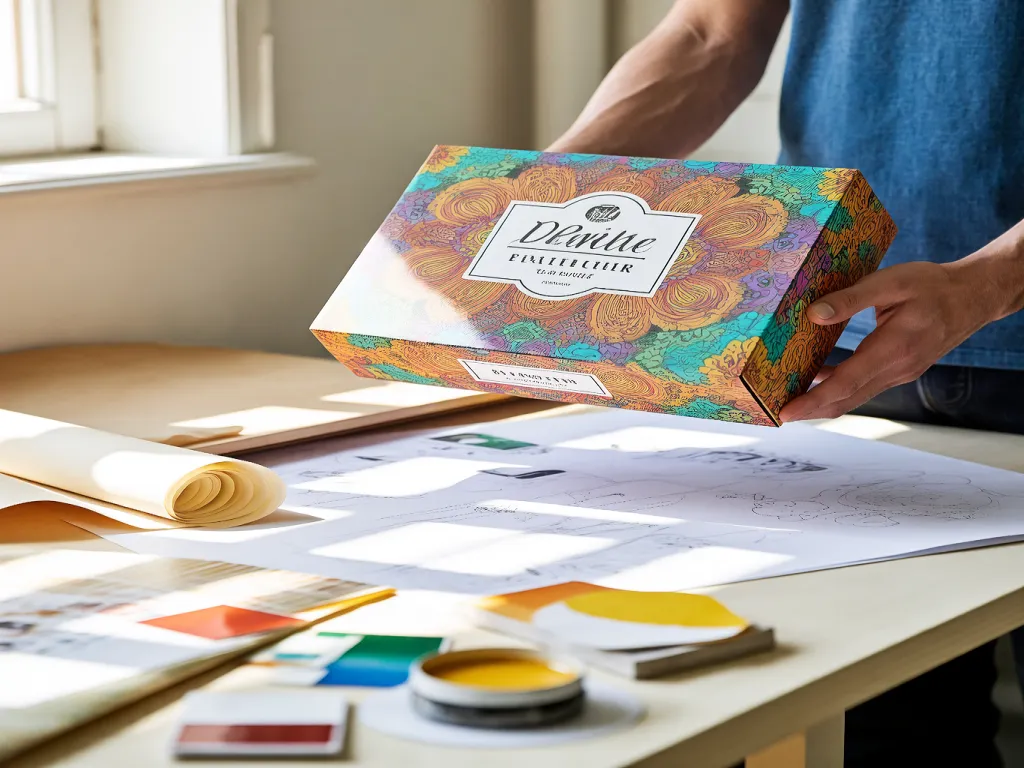 A person holding a custom-designed paper noodle box with intricate patterns