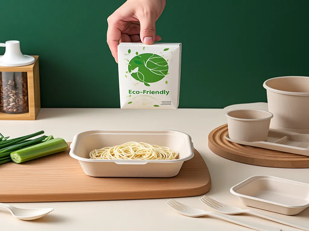 A hand holds an eco-friendly paper noodle box with noodles inside