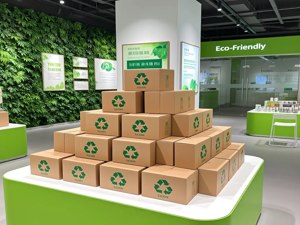 Stack of eco-friendly paper noodle boxes in a green-themed showroom