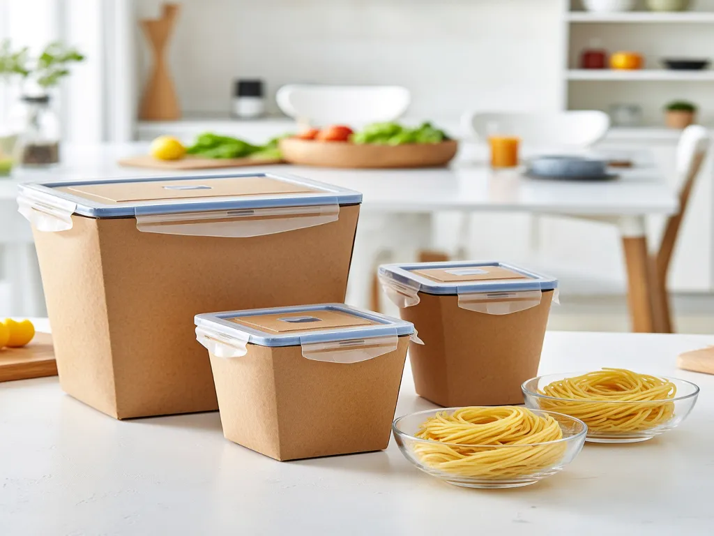 Paper noodle boxes arranged on a kitchen counter with bowls of noodles