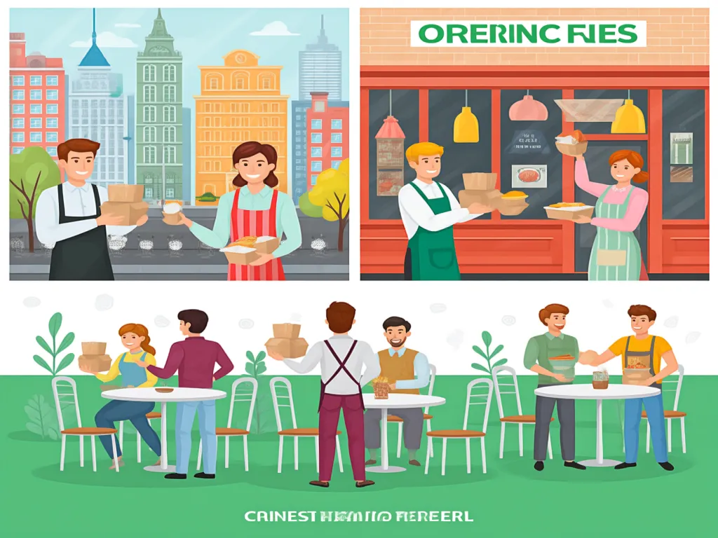 Illustration of people supplying and enjoying noodles from paper boxes