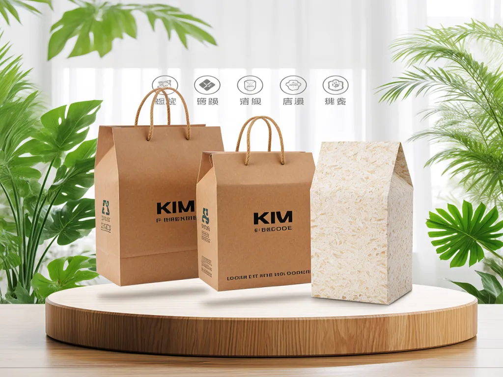 Paper noodle boxes with branding against a lush green backdrop