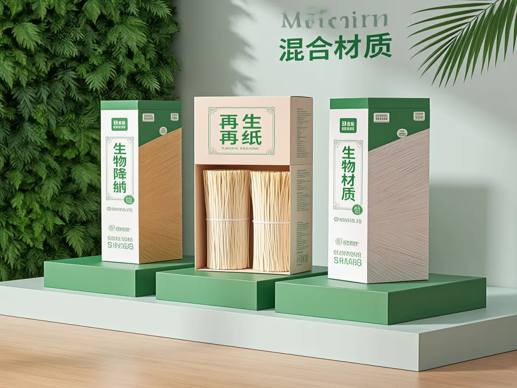 Sustainable paper noodle packaging options displayed on green pedestals