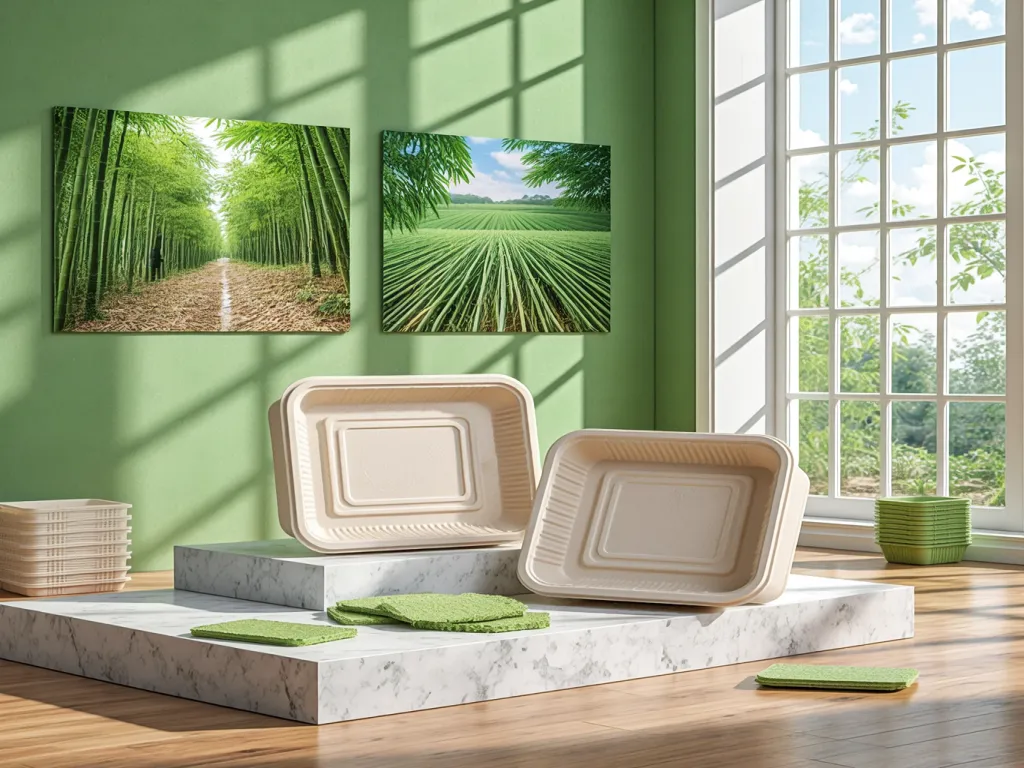 Biodegradable food containers displayed with bamboo and wheat fields in the background