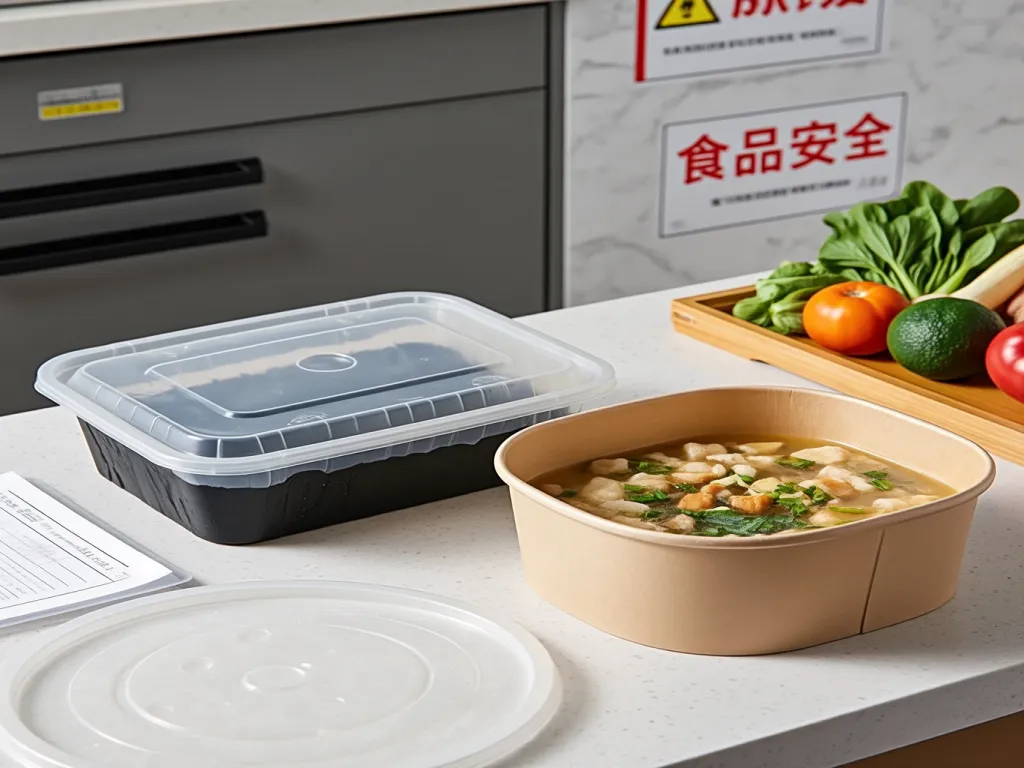 Noodle rice paper box with a bowl of soup on a kitchen counter