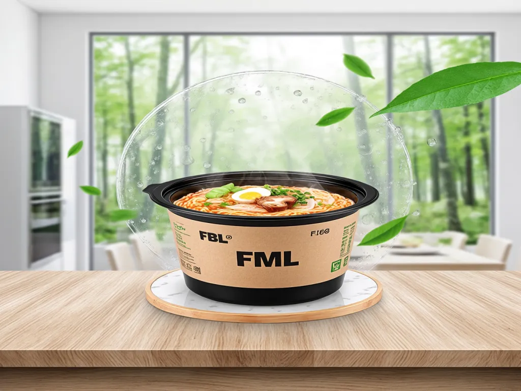 A paper noodle box with noodles and vegetables