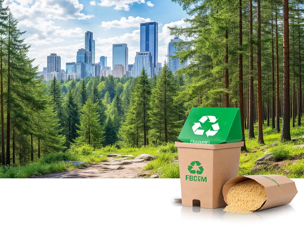 Recyclable noodle rice paper box in a natural setting with a city skyline in the background
