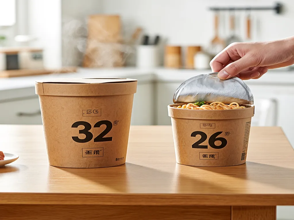 Kraft paper noodle boxes with lids on a wooden table