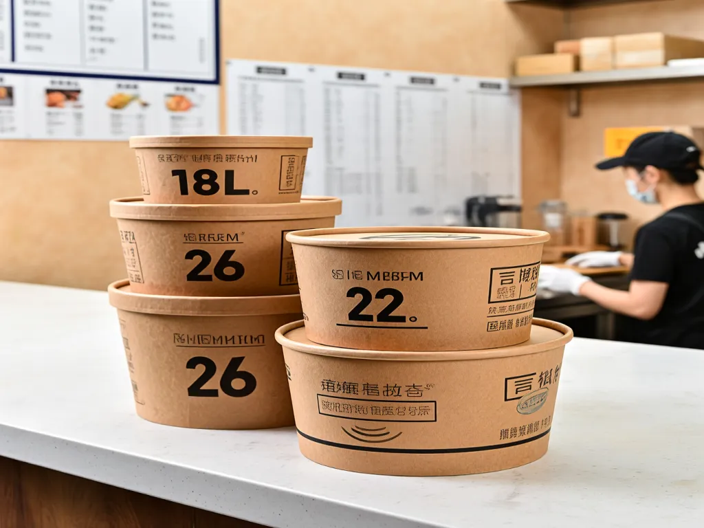 Stacked kraft paper noodle containers in a food court
