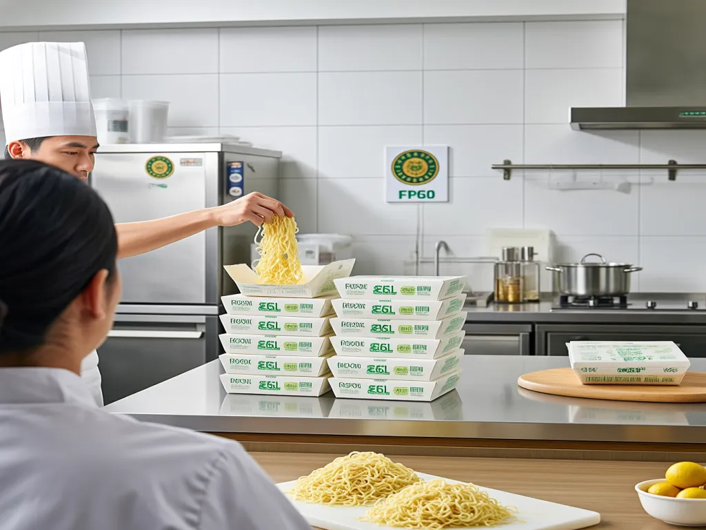 Chef preparing noodles in 26 oz paper noodle boxes