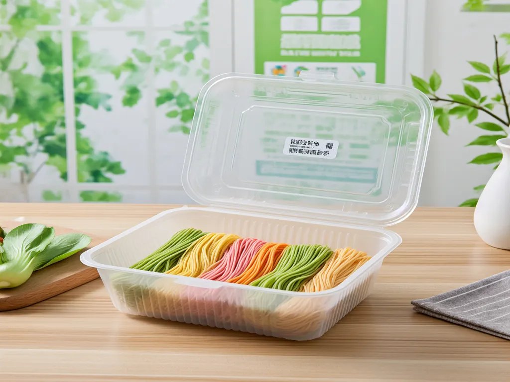 Biodegradable paper noodle box filled with colorful noodles