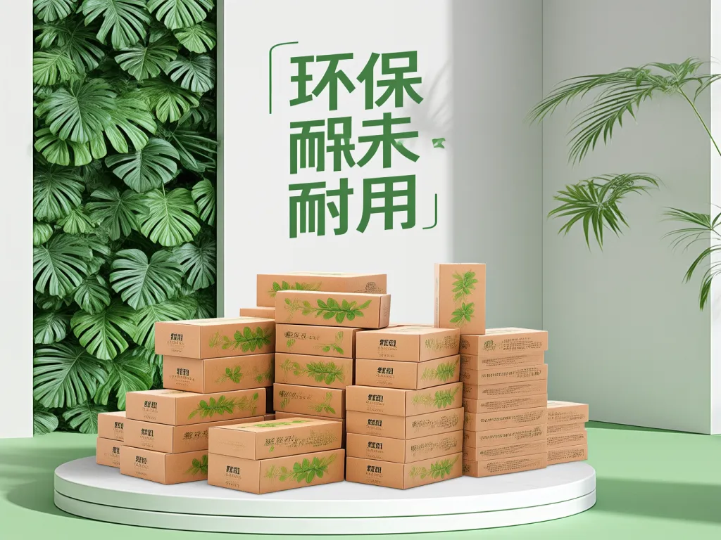 Stack of eco-friendly brown paper noodle boxes with green leaf designs