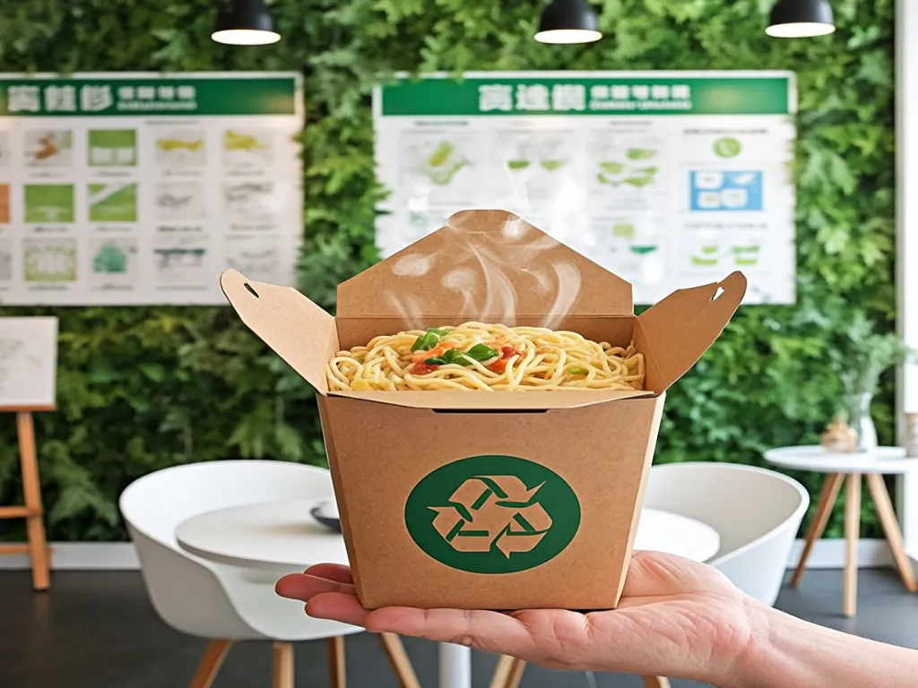 A hand holding a brown paper noodle box with steam rising, recyclable logo