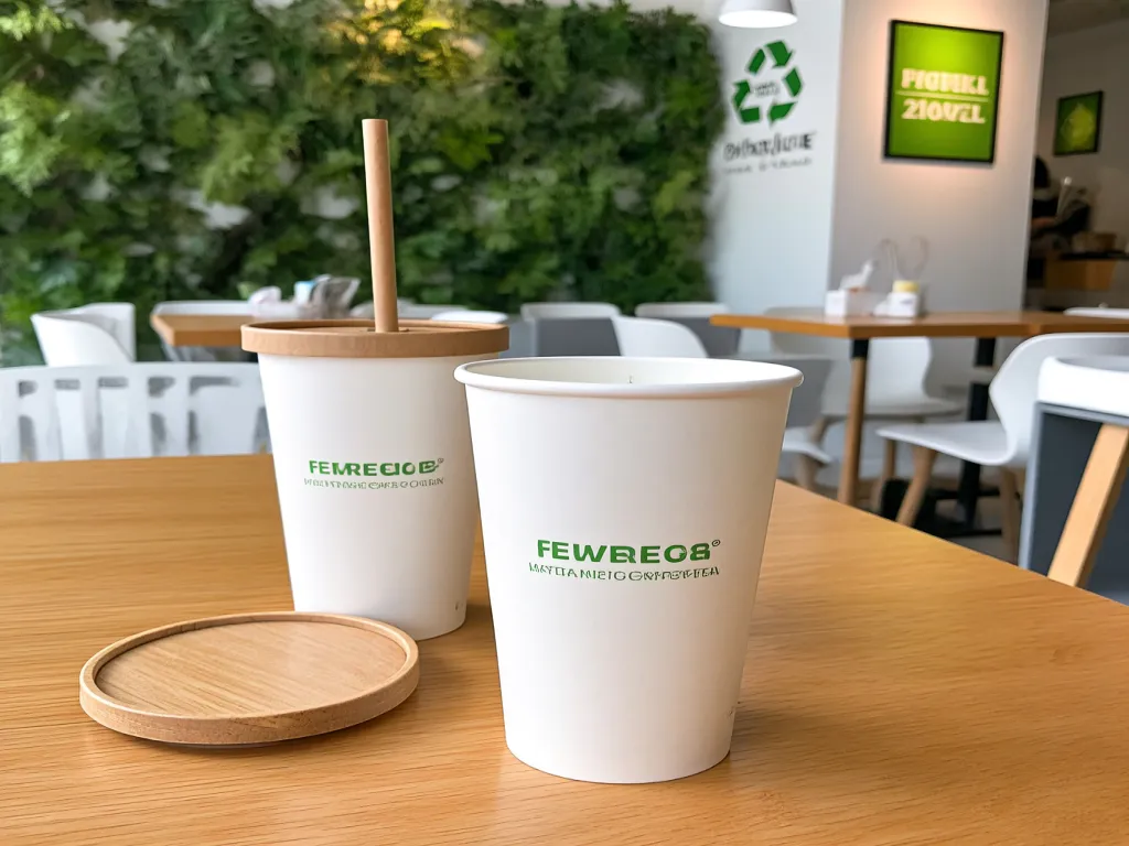 Eco-friendly paper cups with branding and wooden lids on table