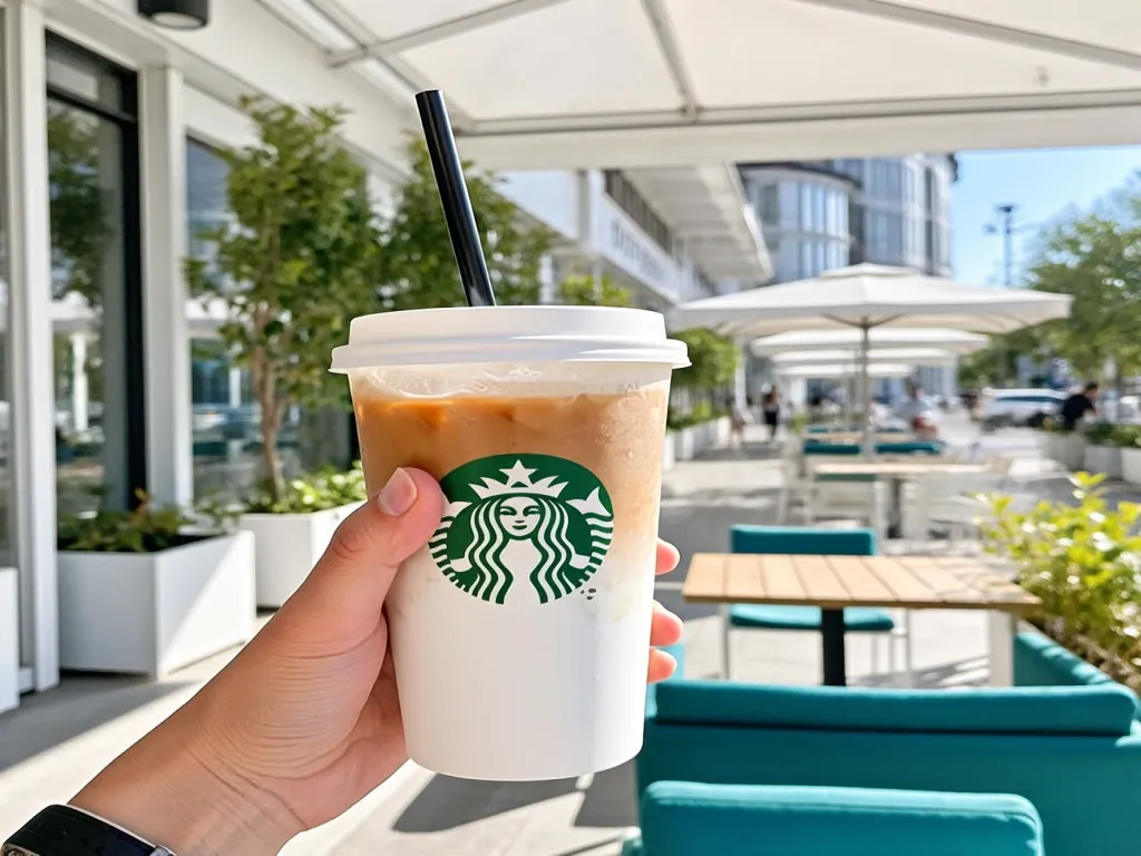 Iced coffee in a branded paper cup with straw at outdoor cafe