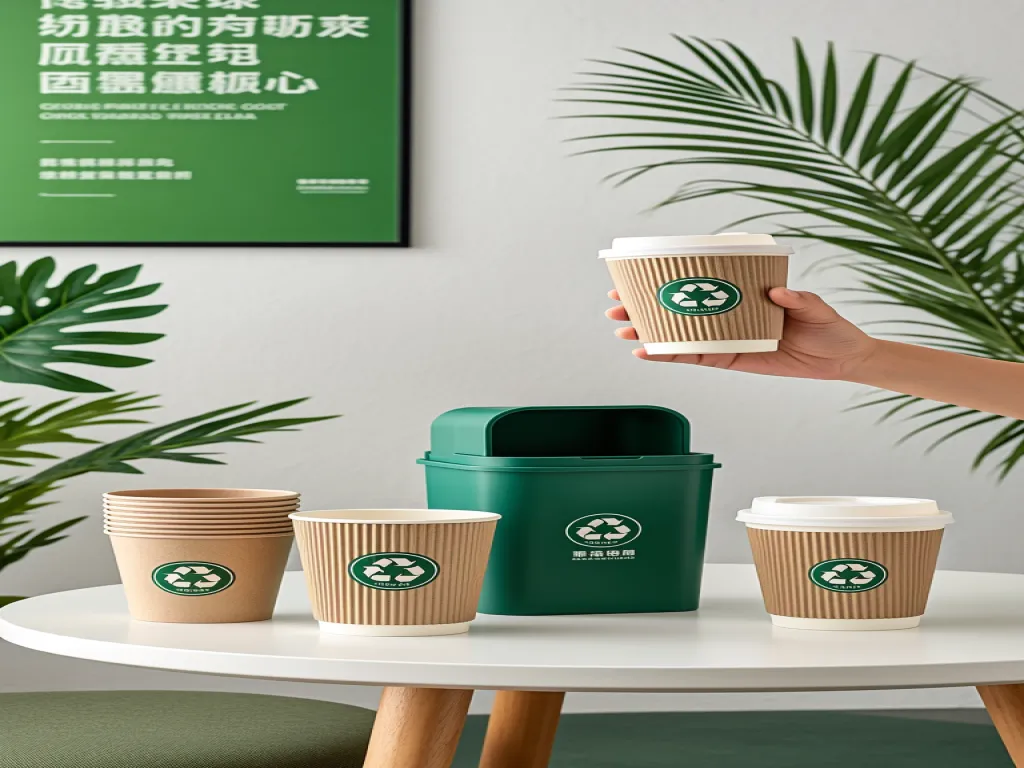 Recyclable coffee cups set with recycling bin for green restaurants